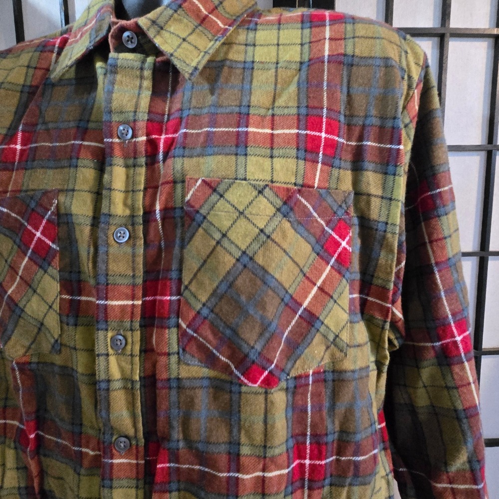 Haband Mens Flannel Shirt Long Sleeve Plaid Button Down Olive Green Red L - Picture 3 of 10